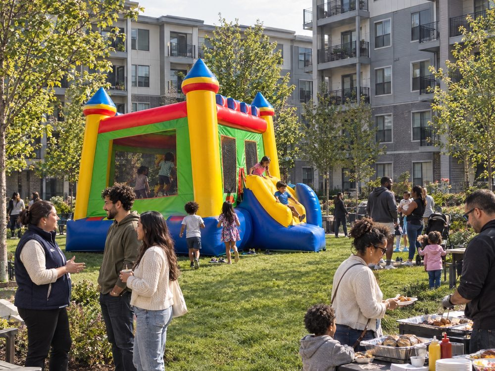 An AI-generated image of kids on the Great Haus castle at a resident day in an apartment complex courtyard, with neighbors chatting and a cookout table in front