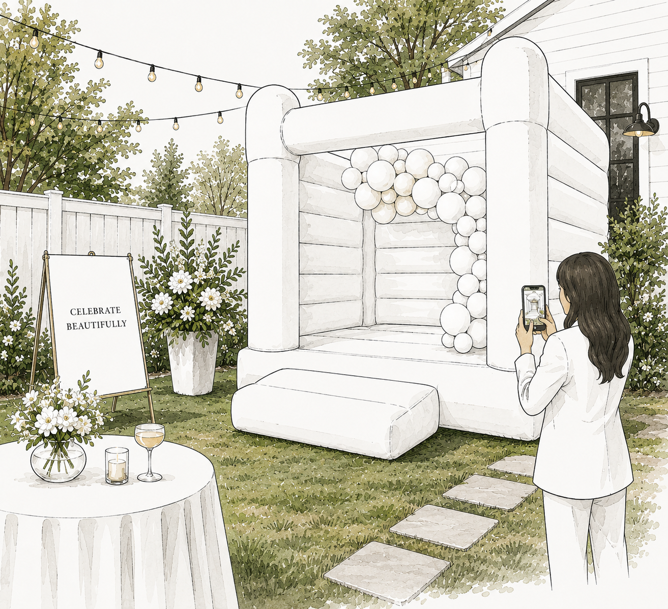 Illustration of The Art Haus all-white bounce castle with a balloon garland at a backyard celebration