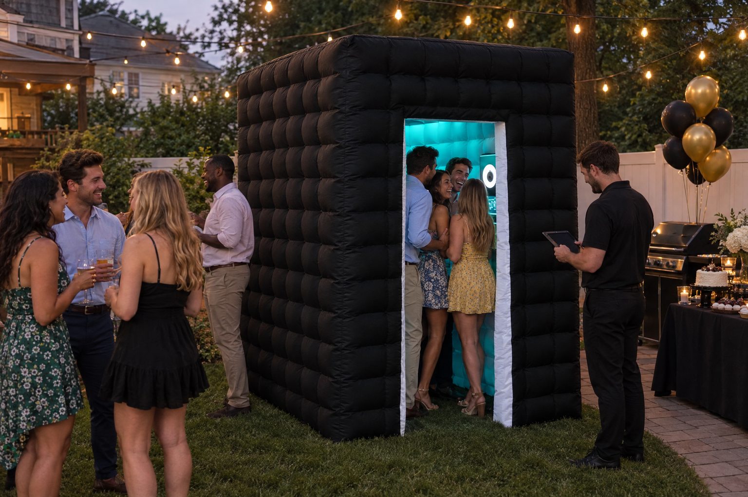 An AI-generated image of friends squeezing into the black Flash Haus photo booth at a backyard birthday party under string lights
