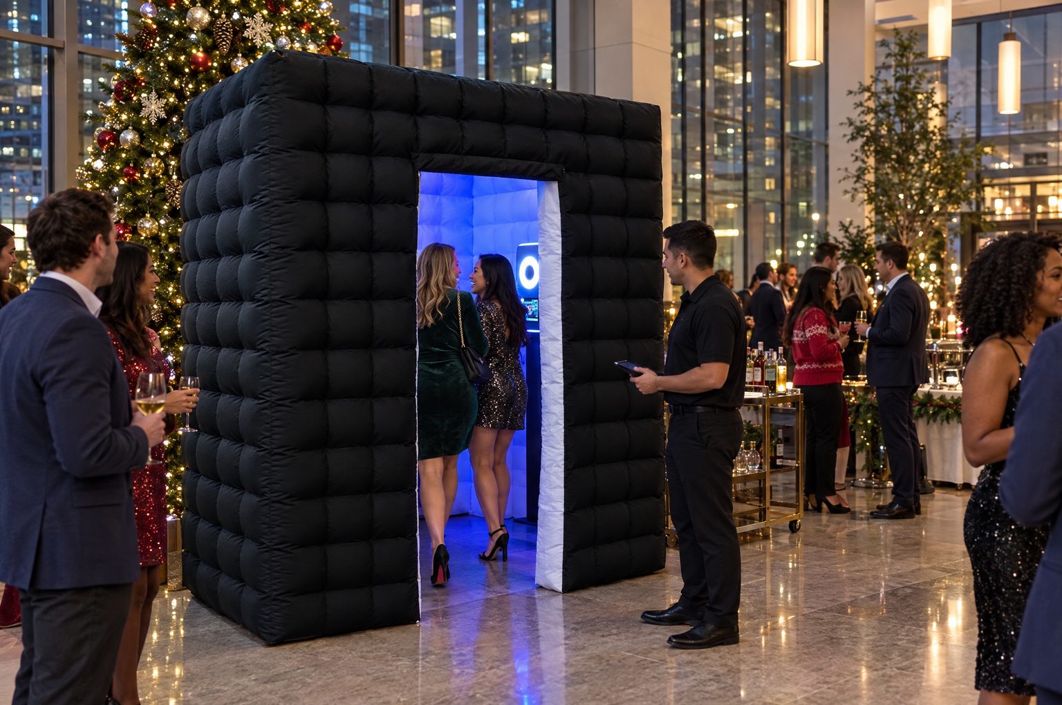 An AI-generated image of coworkers stepping into the black Flash Haus photo booth at an office holiday party beside a Christmas tree