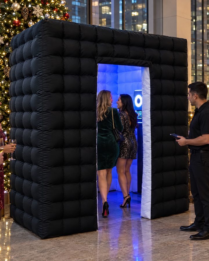 An AI-generated image of coworkers stepping into the black Flash Haus, lit icy blue inside, at an office holiday party beside a Christmas tree, with an attendant nearby