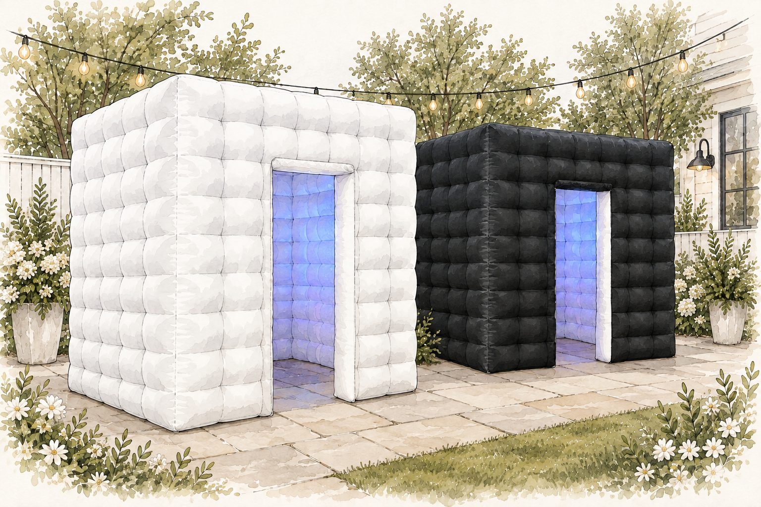 An illustration of the white and black Flash Haus photo booths standing side by side on a backyard patio, each lit inside