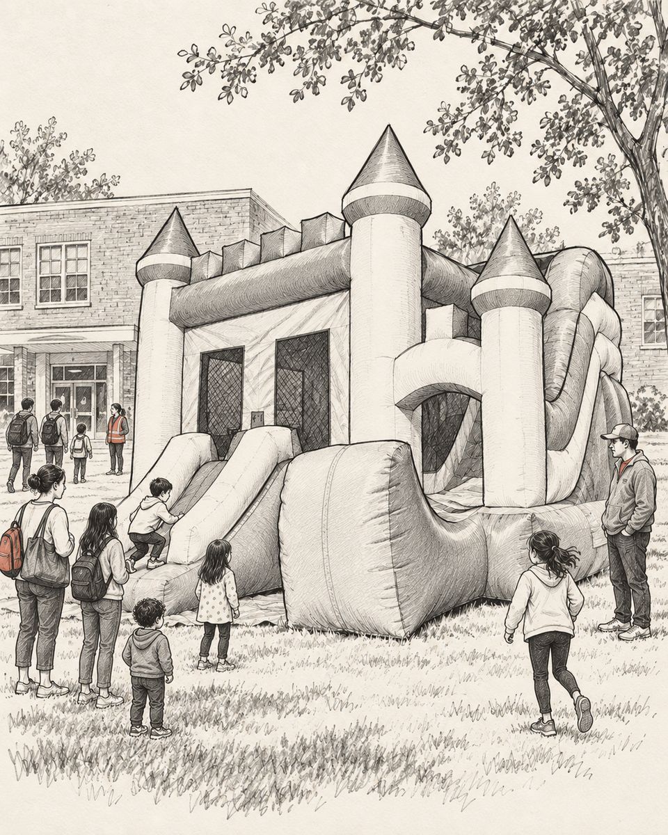 A pencil illustration of children lining up at the Great Haus castle outside a brick school, with parents and a staff member in a safety vest looking on