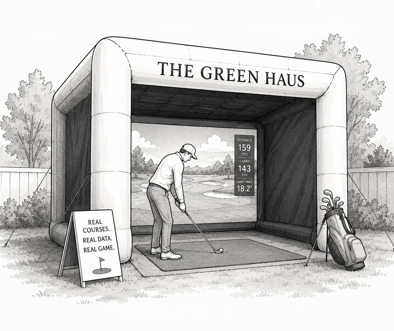 The Green Haus backyard golf simulator with real clubs and shot data