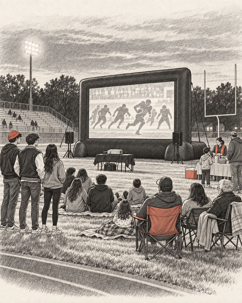 A pencil illustration of families on a high school football field at dusk, watching a game on the Light Haus inflatable screen, with a snack table and the bleachers behind them