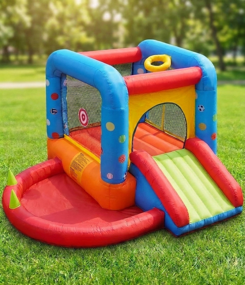 The Tree Haus toddler bounce house with a mini slide, ball-pit pool, and target wall