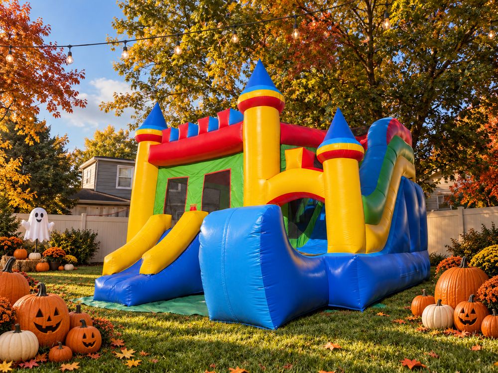 The Great Haus castle bounce house in an autumn backyard with pumpkins
